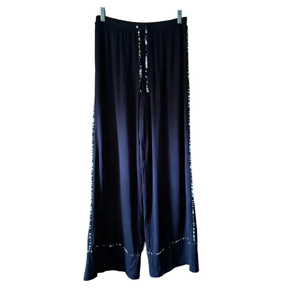 Donna Karan Sleepwear Women's Wide Leg Cheetah Trim Pajama Pants Black Size S
